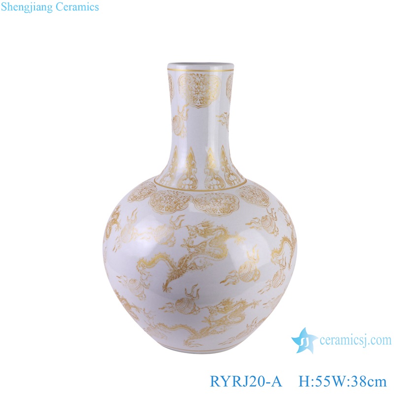white background golden color dragon pattern ceramic globular decorative vase