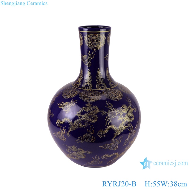RYRJ20-B Qianlong period blue background golden color dragon pattern ceramic globular decorative vase