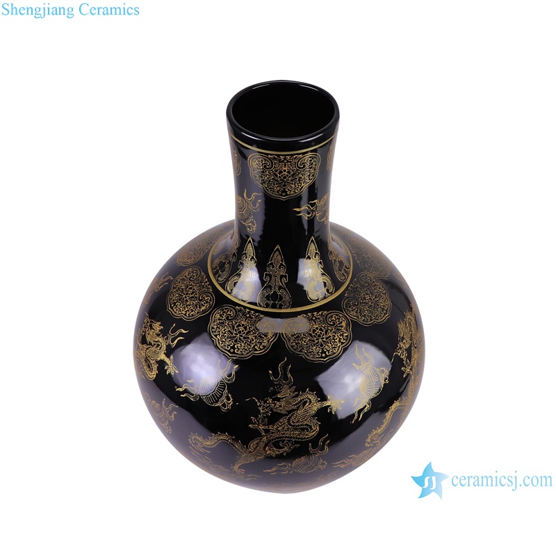 RYRJ20-C Qianlong period black background golden color dragon pattern ceramic globular decorative vase