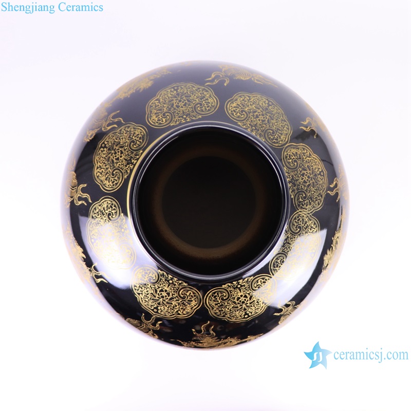 Top view of RYRJ20-C Qianlong period black background golden color dragon pattern ceramic globular decorative vase