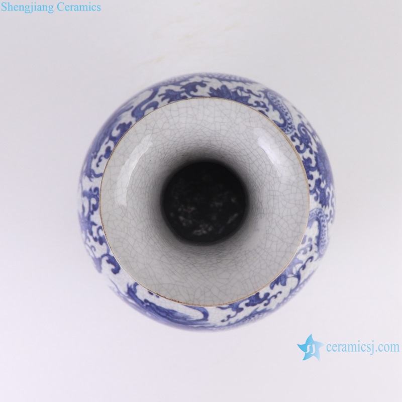 top view of RYUJ60-A Blue and White cracked glazed dragon pattern porcelain decorative vase