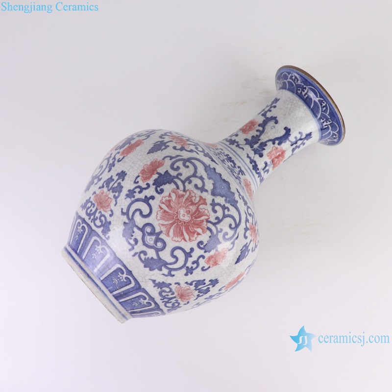 side view of RYUJ60-B Blue and underglazed red cracked glazed interlocking branch pattern porcelain decorative vase
