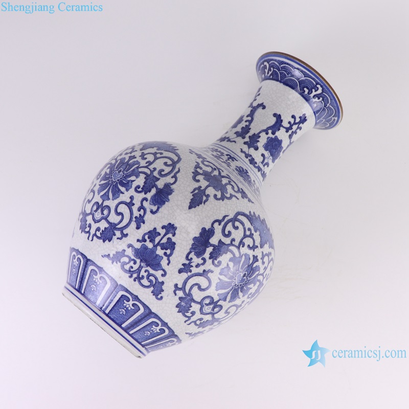 side view of RYUJ60-C Blue and White cracked glazed interlocking branch pattern porcelain decorative vase