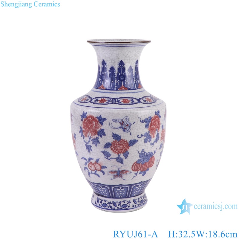 RYUJ61-A Blue and underglazed red cracked glazed fruit and butterfly pattern porcelain decorative vase