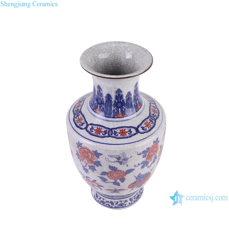 RYUJ61-A Blue and underglazed red cracked glazed fruit and butterfly pattern porcelain decorative vase