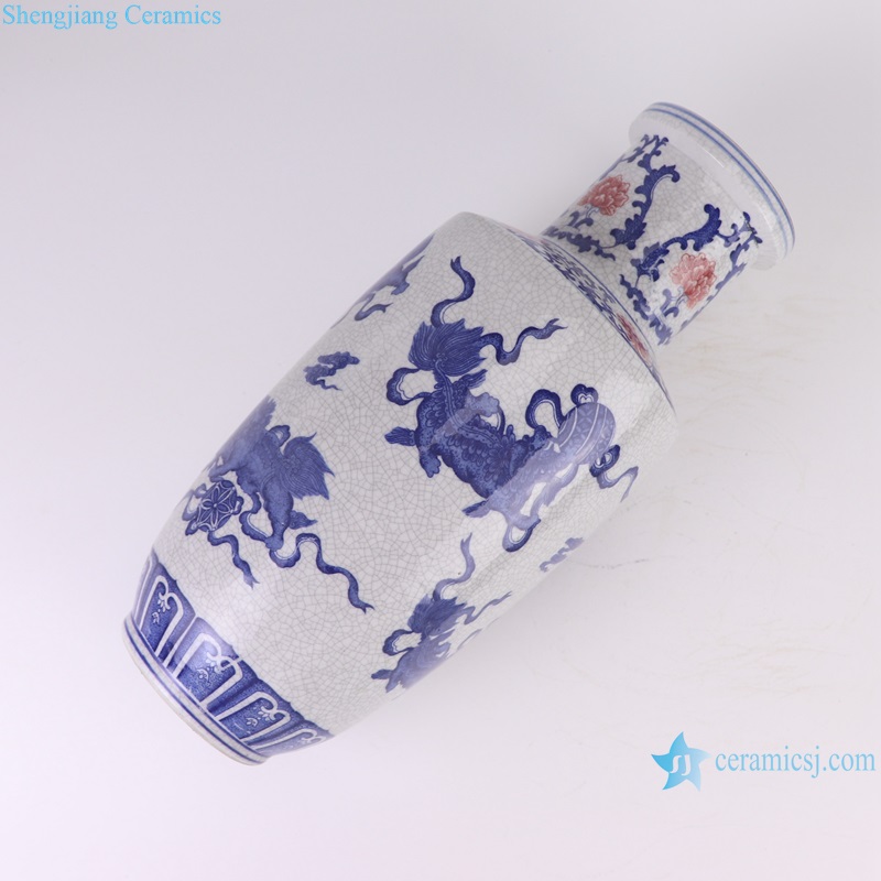 RYUJ62-A Blue and underglazed red cracked glazed lion pattern porcelain decorative vase