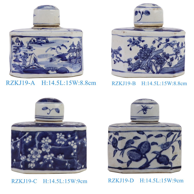 family view of RZKJ19-D Blue flowers and birds eight-sided rectangular small tea pot