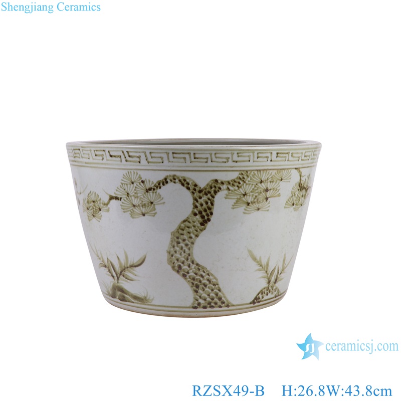RZSX49-B Antique Pine and Bamboo Plum Pattern cylinder Ceramic flower Pot Planter-Pine side