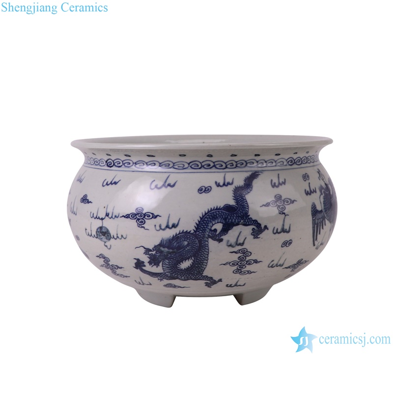 RXBL01-A Blue and White Porcelain Dragon and phoenix Ceramic three legg incense burner- dragon side
