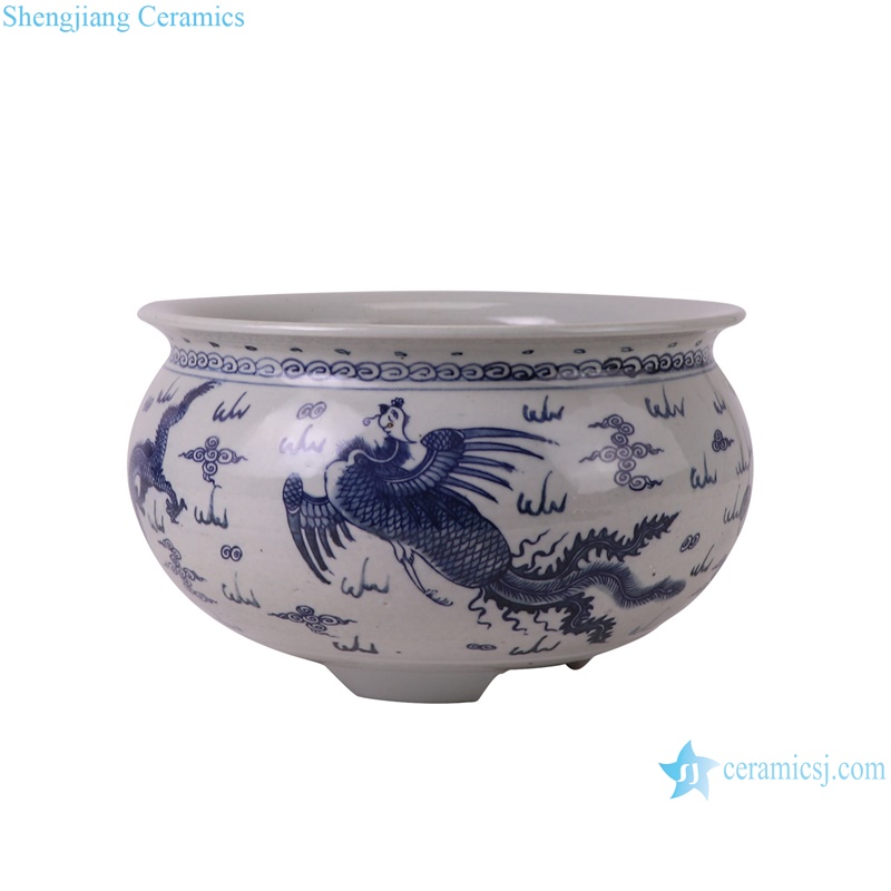 RXBL01-A Blue and White Porcelain Dragon and phoenix Ceramic three legg incense burner- phoenix side