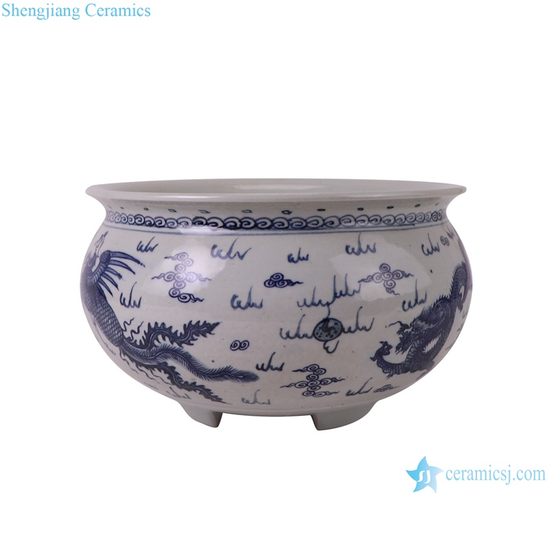 RXBL01-A Blue and White Porcelain Dragon and phoenix Ceramic three legg incense burner- side view