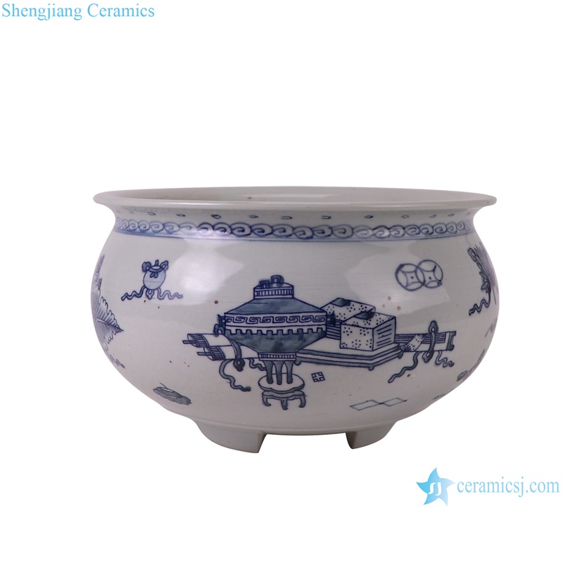 RXBL01-B Blue and White Porcelain Bogu pattern Ceramic three legg incense burner--side view