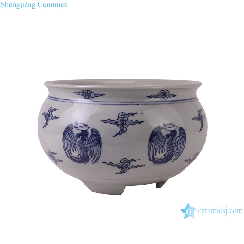 RXBL01-C Blue and White Porcelain phoenix pattern Ceramic three legg incense burner--side view