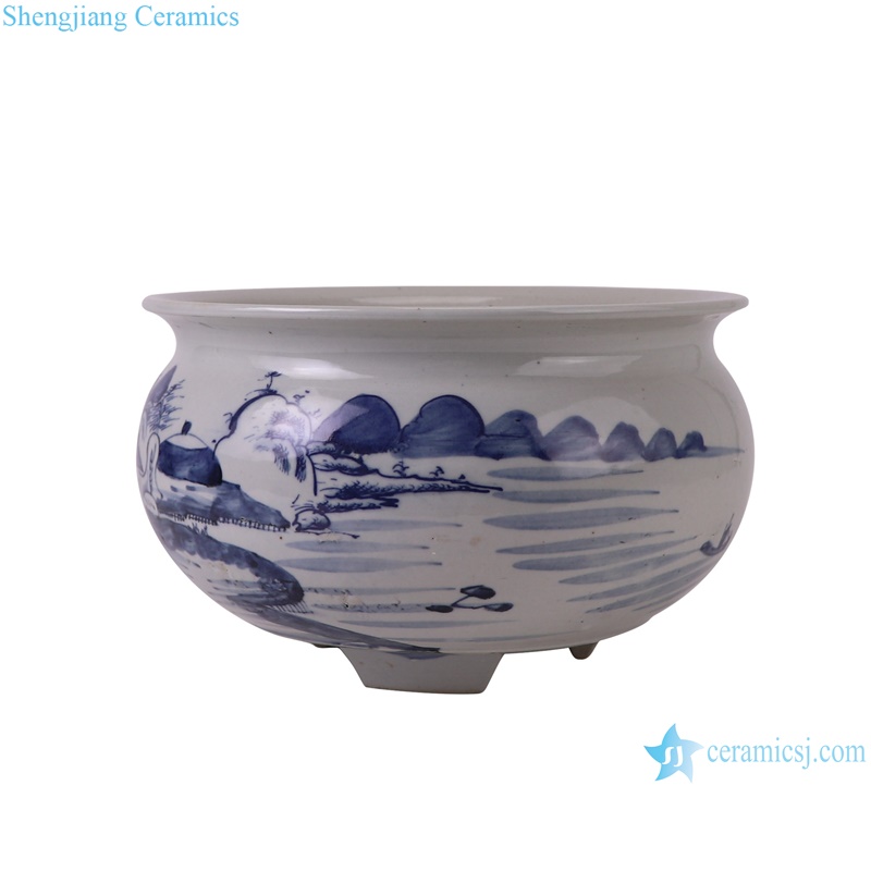 RXBL01-D Blue and White Porcelain Landscape pattern Ceramic three legg incense burner--side view