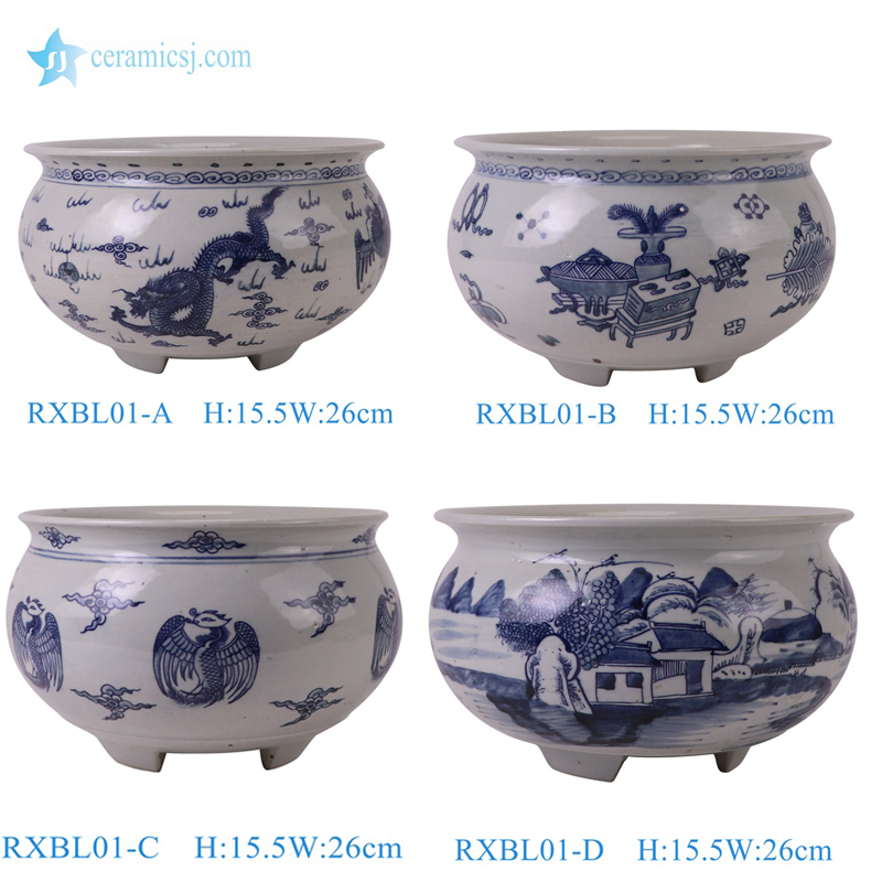 RXBL01-A-B-C-D Blue and White Porcelain Dragon and phoenix ,Bogu and Landscape pattern Ceramic three legg incense burner