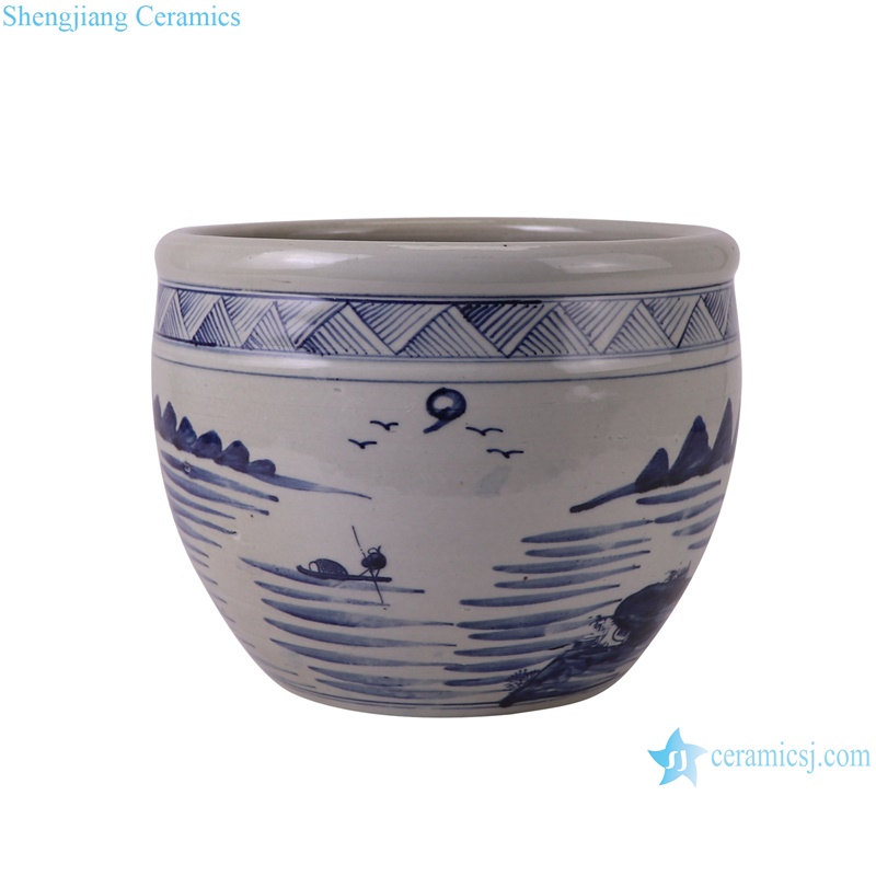 RXBL03-A Blue and White porcelain Landscape pattern Small Ceramic Flower pot-- side view
