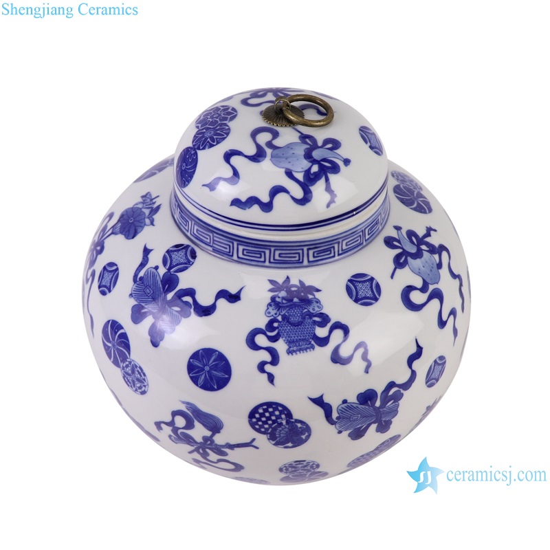 RYCI51-B Jingdezhen Porcelain lion Pattern Ceramic Pot Pearl Altar Jars--vertical view