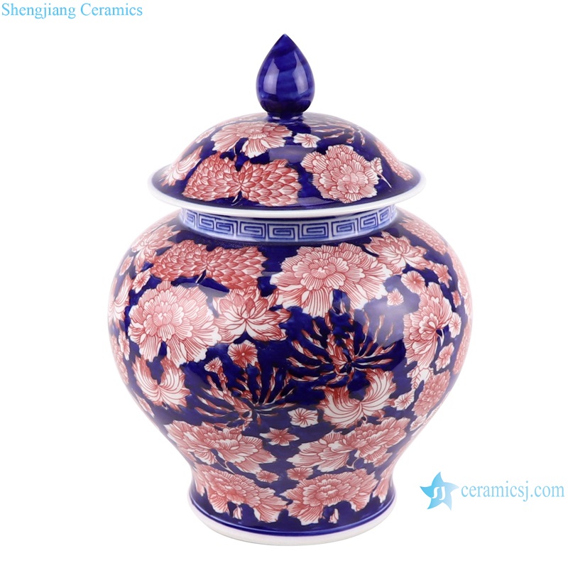 RYCI65-B Jingdezhen Under glazed red Shiny full Flowers Ceramic Storage Pot Jars--side view