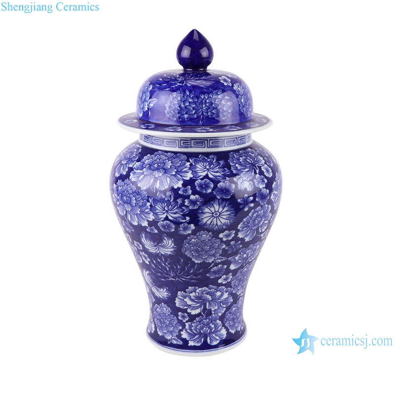 RYCI66-A-B Jingdezhen Dark Blue Porcelain Round shape Under glazed red Shiny Flower Ceramic Storage Pot Jars