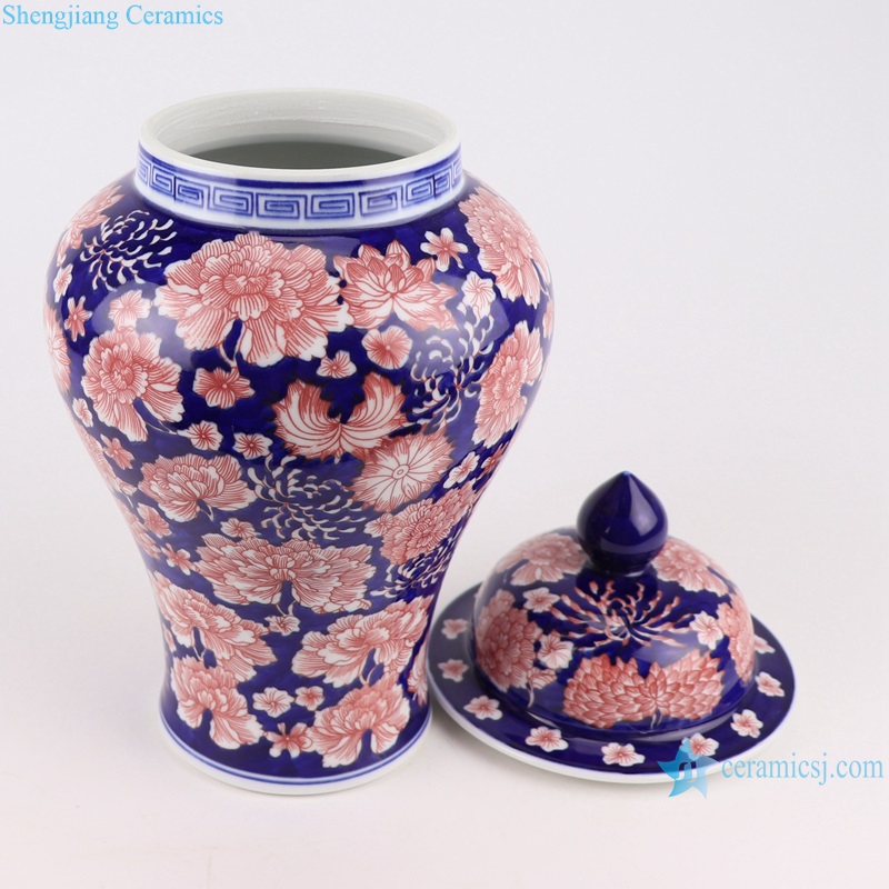 RYCI66-A-B Jingdezhen Dark Blue Porcelain Round shape Under glazed red Shiny Flower Ceramic Storage Pot Jars