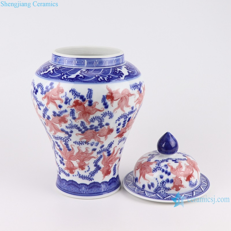 RYCI66-C Under glazed red Gold Fish Pattern Ceramic Pot Porcelain Jars--off lid