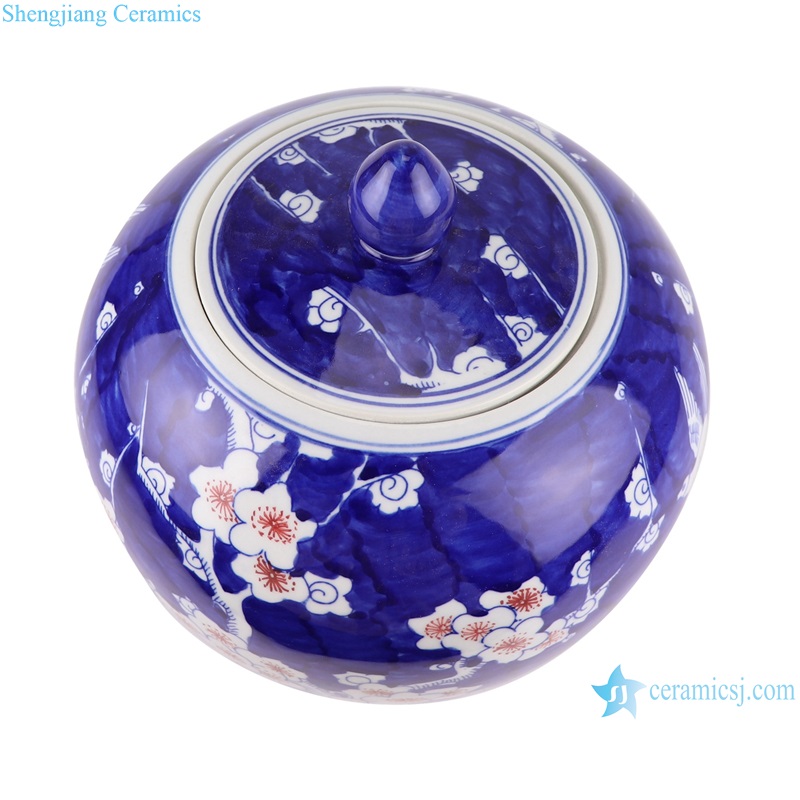 RYCI69-A Blue and White porcelain red Ice Plum Ceramic Round Storage Pot Lidded Jars--vertical view