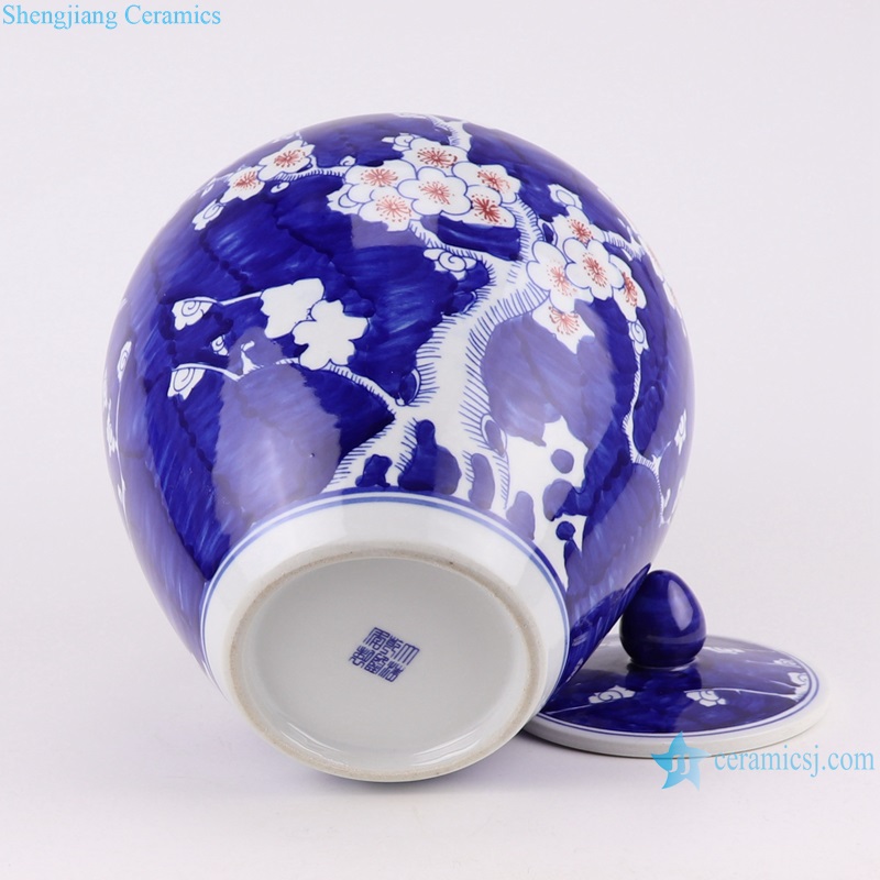 RYCI69-A Blue and White porcelain red Ice Plum Ceramic Round Storage Pot Lidded Jars--bottom view