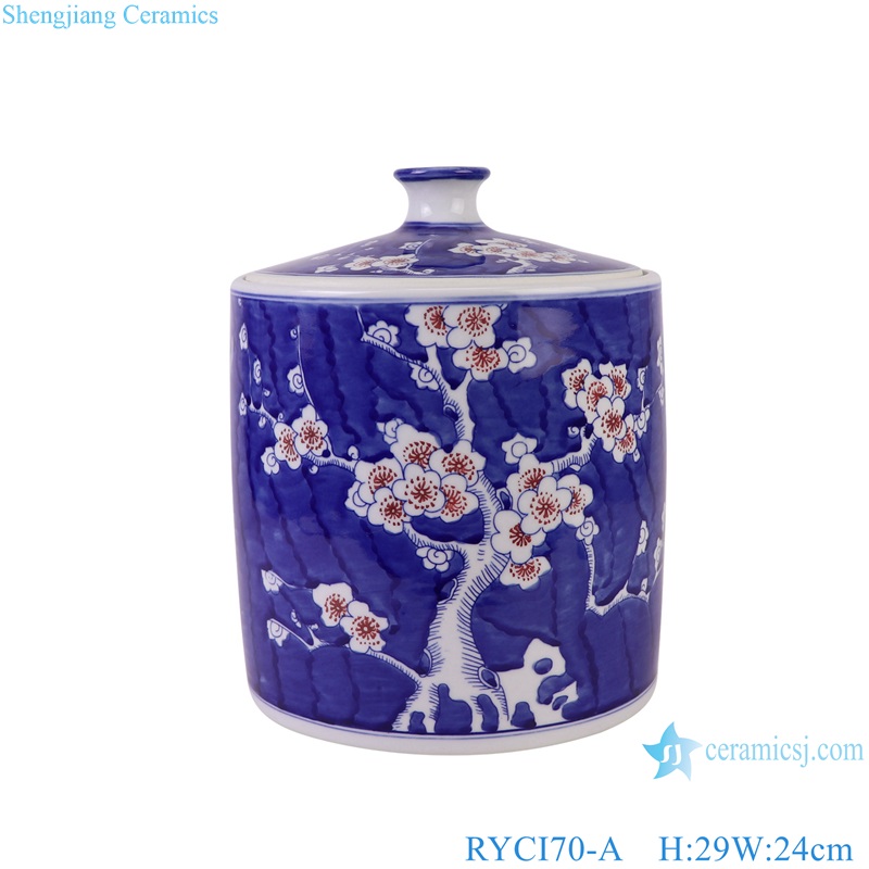 RYCI70-A Porcelain underglazed Red Ice Plum Ceramic cylinder shape Jars Tea Canister
