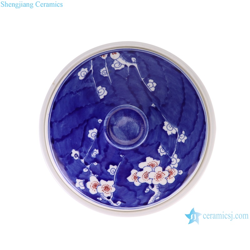 RYCI70-A Porcelain underglazed Red Ice Plum Ceramic cylinder shape Jars Tea Canister--vertical view