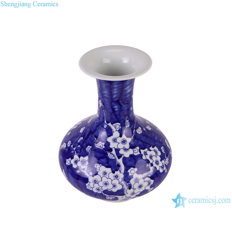 RYCI73-A Dark blue glazed Ice plum pattern Flat belly Ceramic Tabletop Vase decoration--vertical view