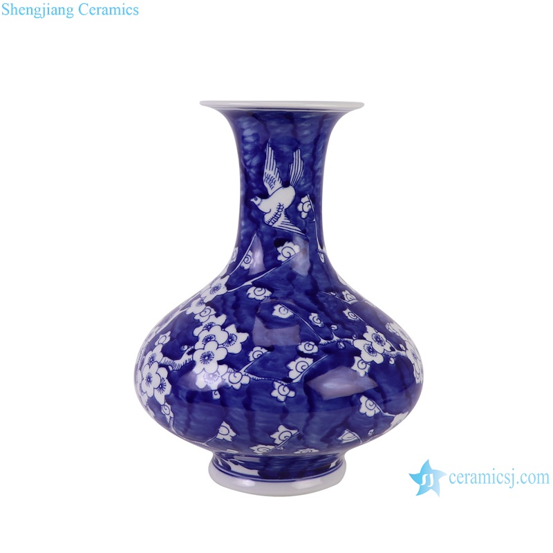 RYCI73-A Dark blue glazed Ice plum pattern Flat belly Ceramic Tabletop Vase decoration--side view