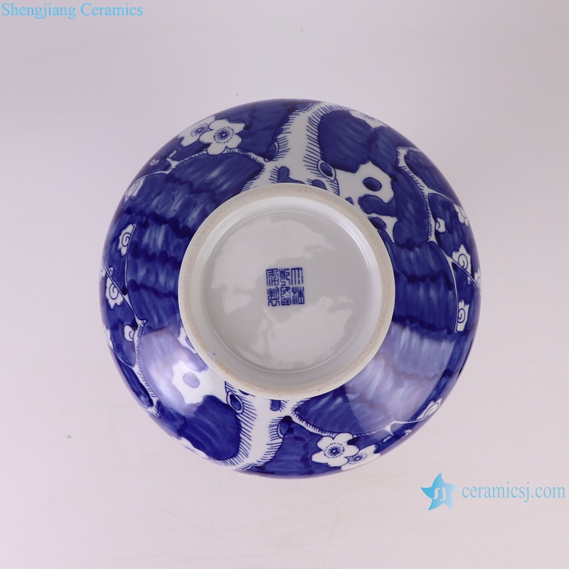 RYCI73-A Dark blue glazed Ice plum pattern Flat belly Ceramic Tabletop Vase decoration--bottom view