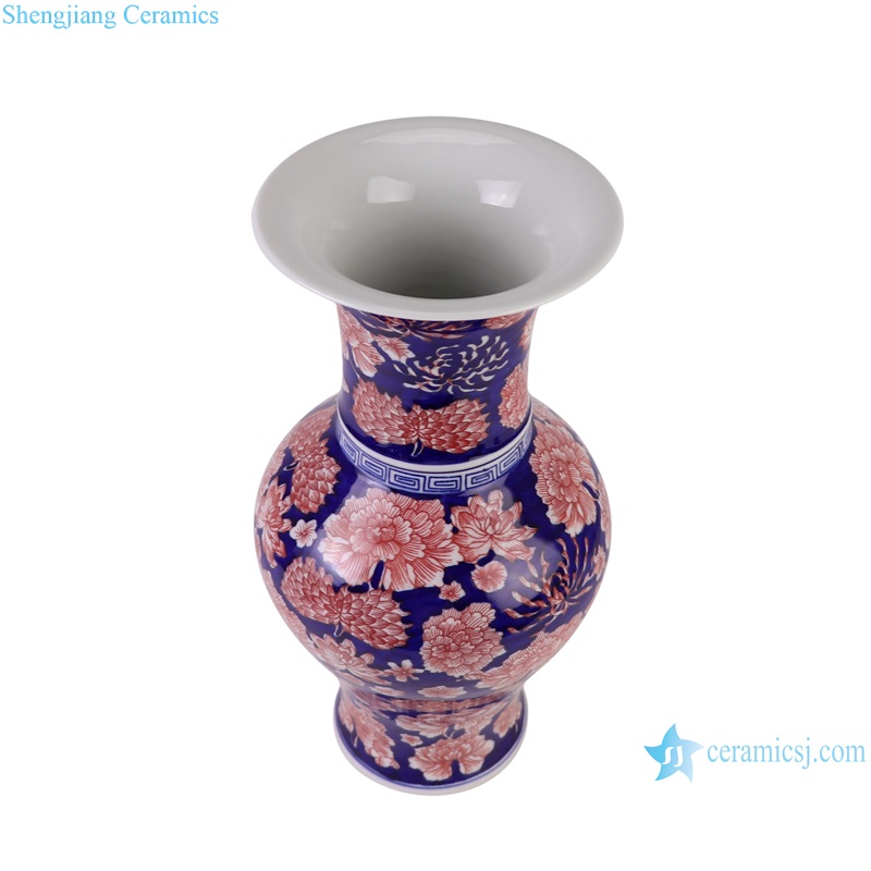 RYCI78-A Porcelain underglazed red full flower pattern Wide mouth Ceramic decorative Vase --vertical view