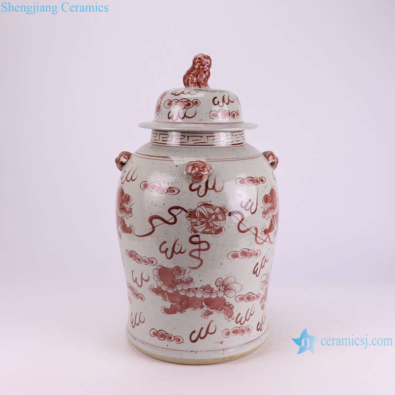 RXBN06-B-S high quality hand painted underglazed red animal lion pattern medium size porcelain temple jar