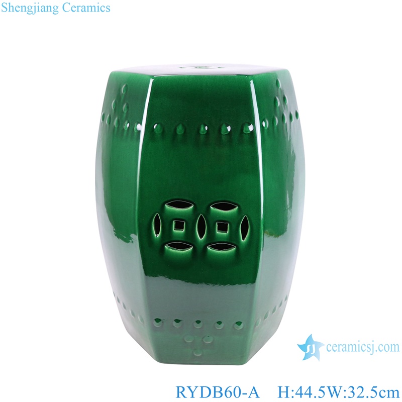 RYDB60-A Hexagonal Shape Dark Green color Glazed Home Garden Ceramic Drum Stool