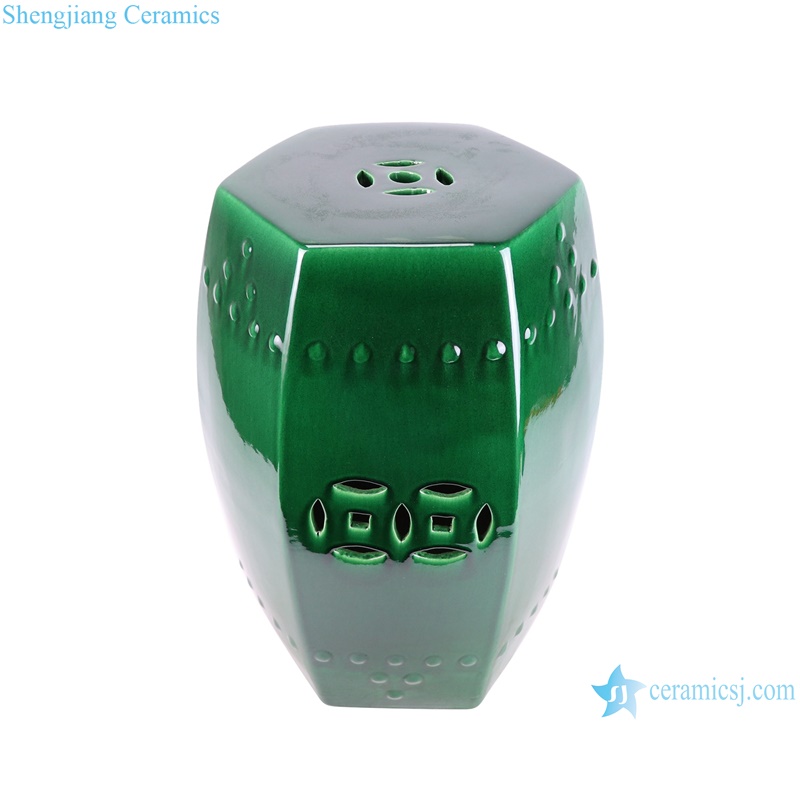 RYDB60-A Hexagonal Shape Dark Green color Glazed Home Garden Ceramic Drum Stool--vertical view