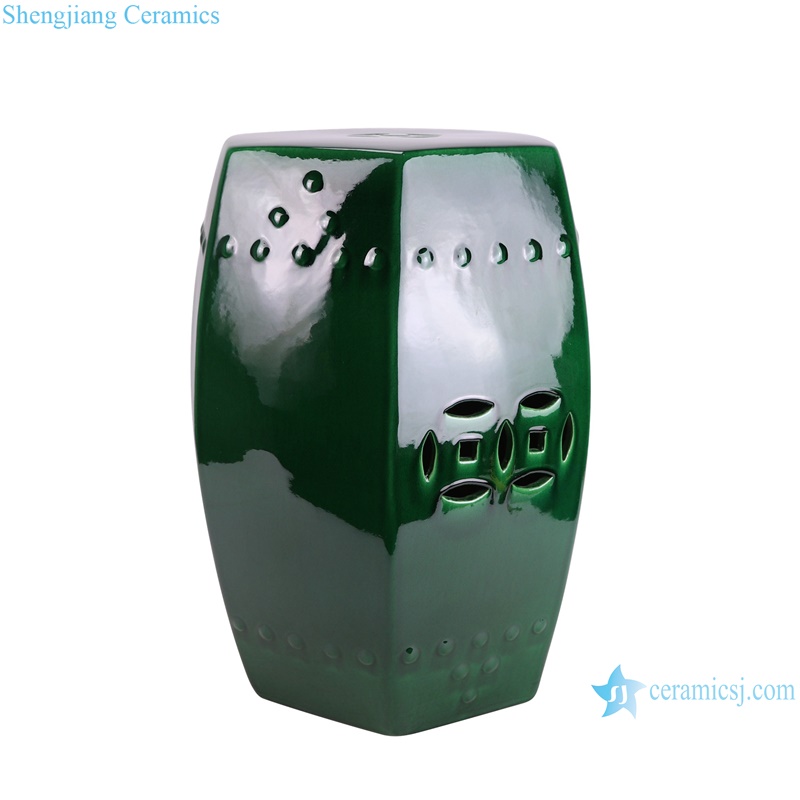 RYDB60-A Hexagonal Shape Dark Green color Glazed Home Garden Ceramic Drum Stool--copper design