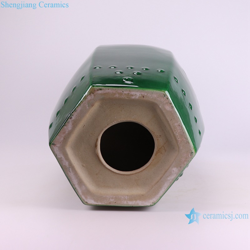 RYDB60-A Hexagonal Shape Dark Green color Glazed Home Garden Ceramic Drum Stool--bottom view