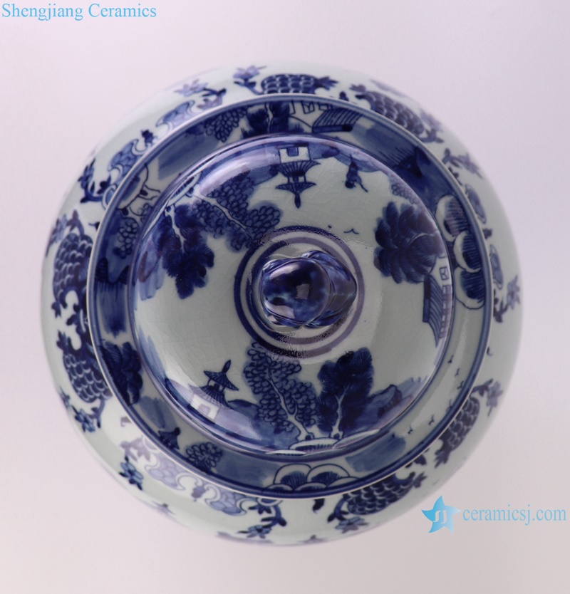 RYLU205-A hand painted blue and white Chinese parasol tree and landscape pattern ceramic temple jar
