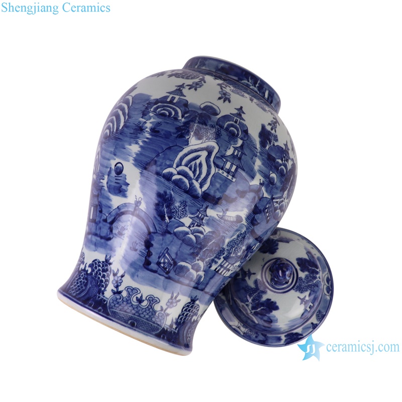 RYLU205-A hand painted blue and white Chinese parasol tree and landscape pattern ceramic temple jar