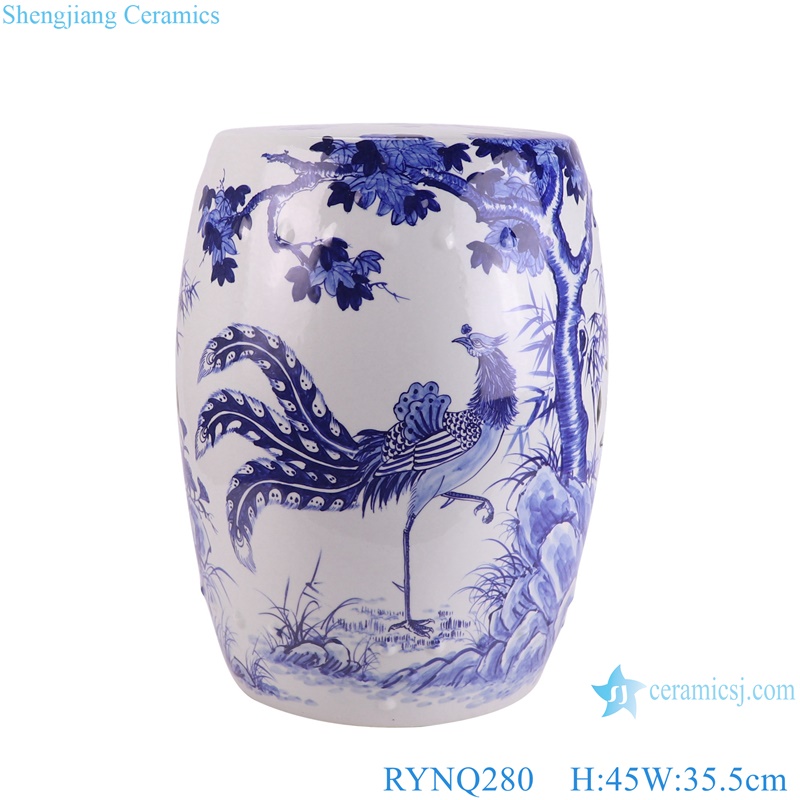RYNQ280 Ancient Traditional Phoenix Peony flower pattern Blue and white Ceramic Drum Cool Stool Home Seat 