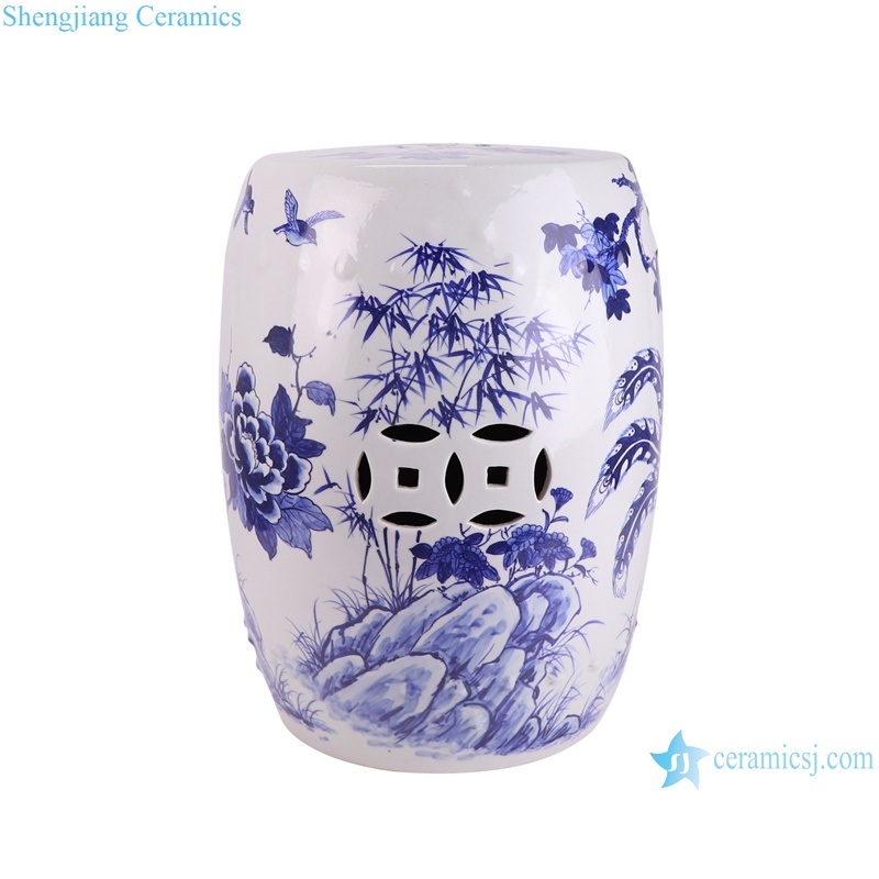 RYNQ280 Phoenix Peony flower pattern Blue and white Ceramic Drum Cool Stool Home Seat -- copper design view
