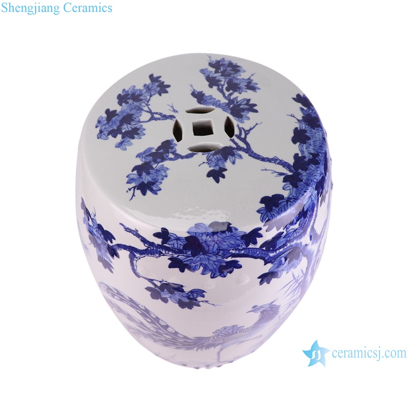 RYNQ280 Phoenix Peony flower pattern Blue and white Ceramic Drum Cool Stool Home Seat -- vertical view