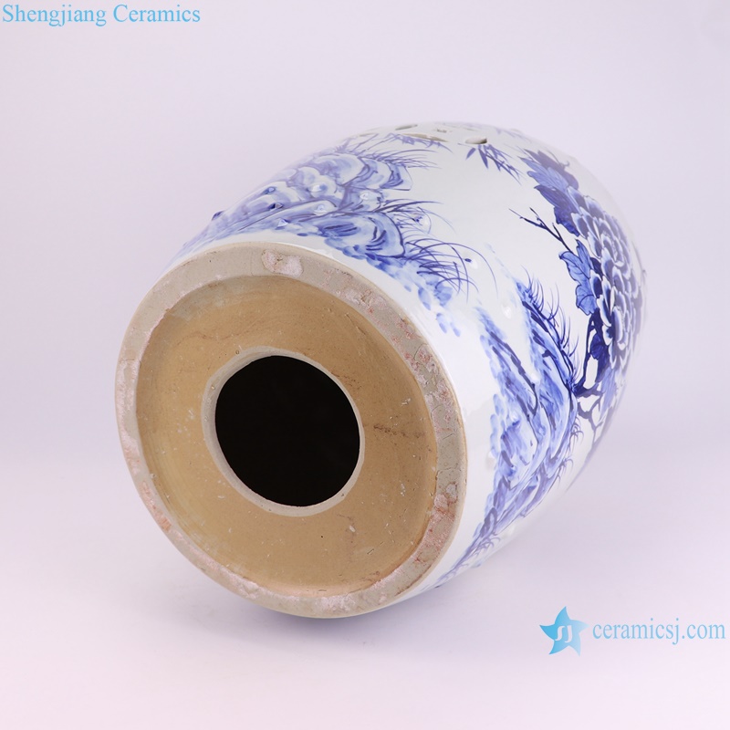 RYNQ280 Phoenix Peony flower pattern Blue and white Ceramic Drum Cool Stool Home Seat -- bottom view