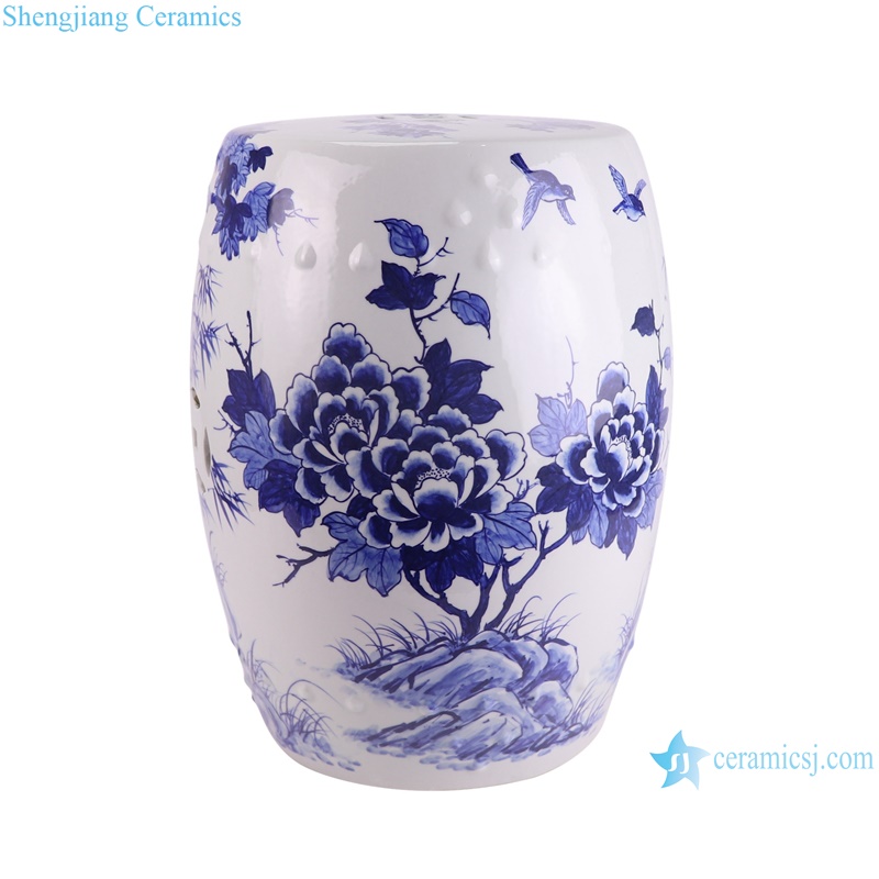 RYNQ280 Phoenix Peony flower pattern Blue and white Ceramic Drum Cool Stool Home Seat -- side view