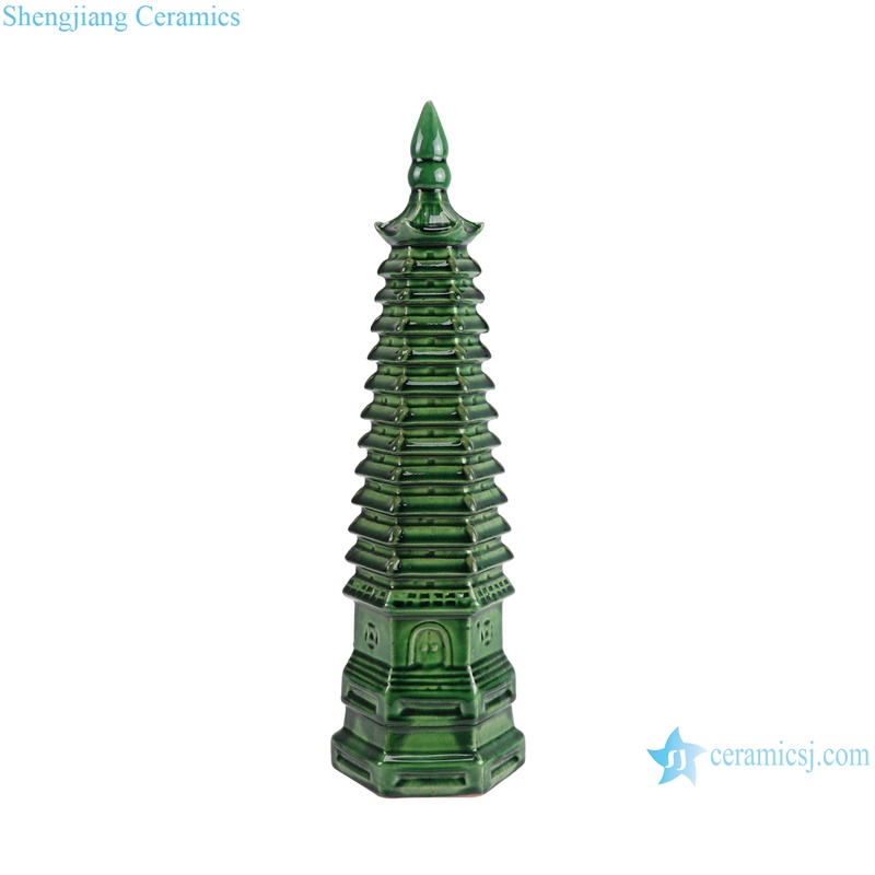 RZKR18-B Antique solid color Blue Green Red Ceramic Pagoda Statues Sculpture --green color side view