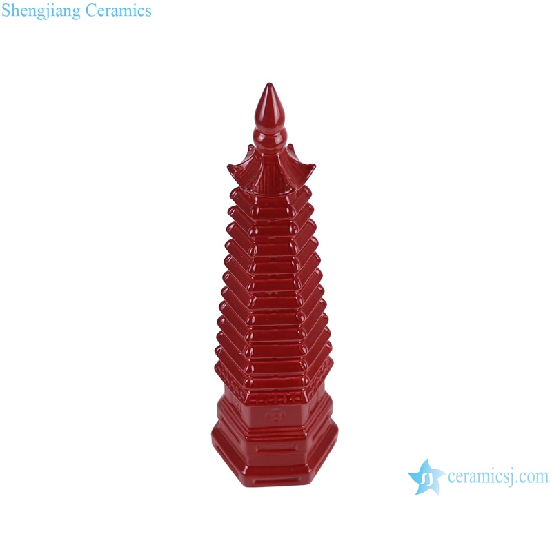 RZKR18-C Antique solid color Blue Green Red Ceramic Pagoda Statues Sculpture --Red color vertical view