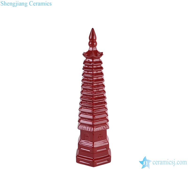 RZKR18-C Antique solid color Blue Green Red Ceramic Pagoda Statues Sculpture --Red color side view