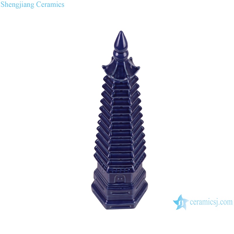RZKR18-D Antique solid color Blue Green Red Ceramic Pagoda Statues Sculpture --Blue color vertical view