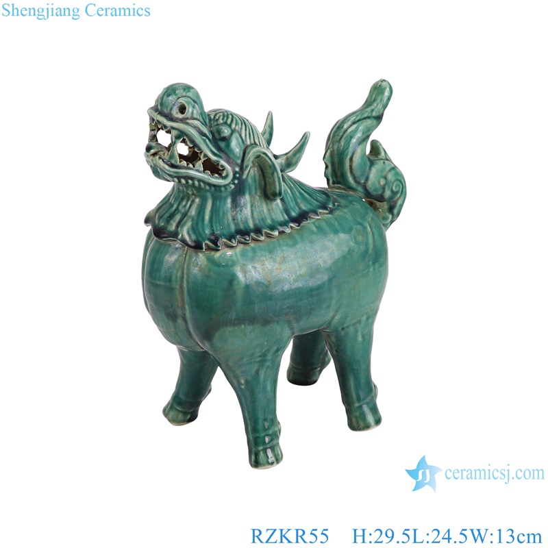 RZKR55 Home decoration Dark Green Glazed Animal Unicorn Chinese Kylin Ceramic sculpture Statues 